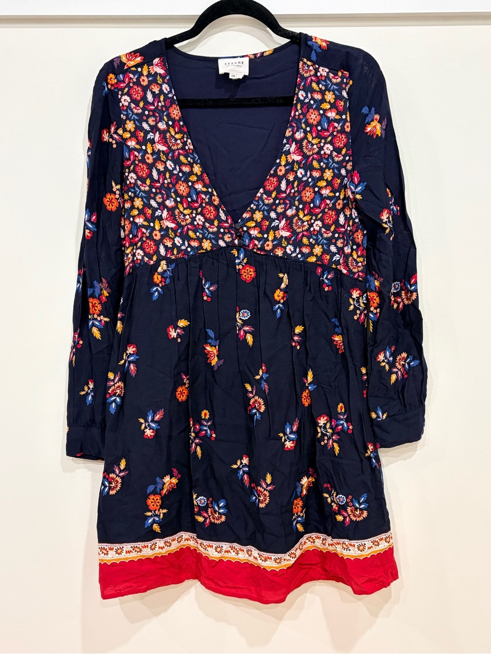 Sezane Navy Floral Mini Dress with Red Hem
